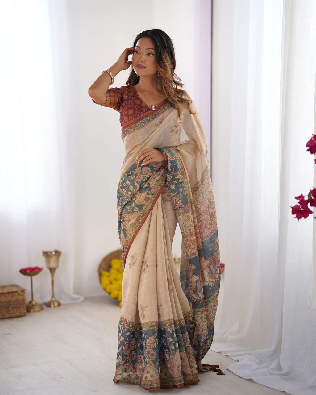 Floral & Animal Print Linen Cotton Saree with Zahlar Tussle