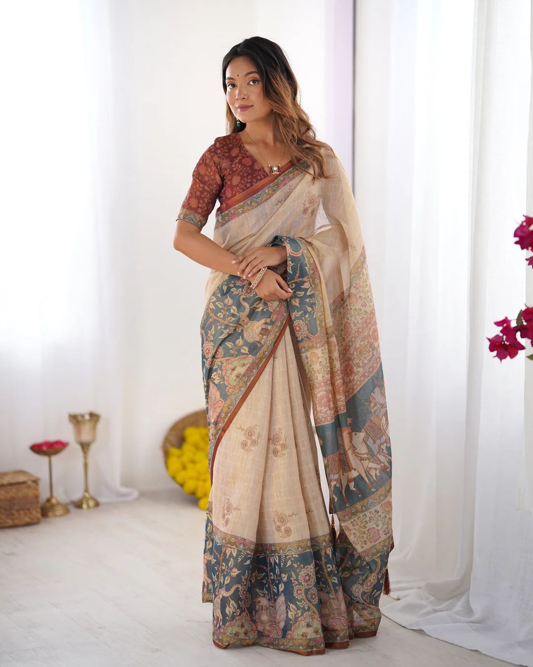 Floral & Animal Print Linen Cotton Saree with Zahlar Tussle