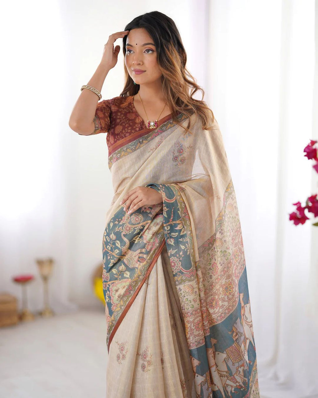 Floral & Animal Print Linen Cotton Saree with Zahlar Tussle
