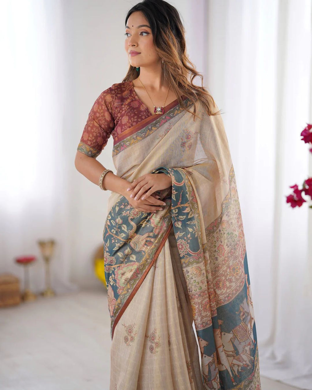 Floral & Animal Print Linen Cotton Saree with Zahlar Tussle