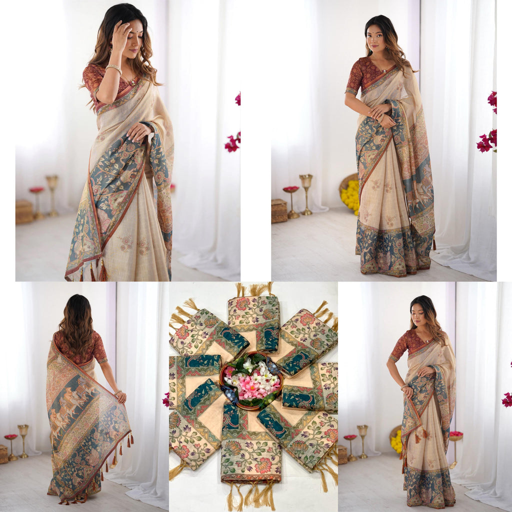 Floral & Animal Print Linen Cotton Saree with Zahlar Tussle
