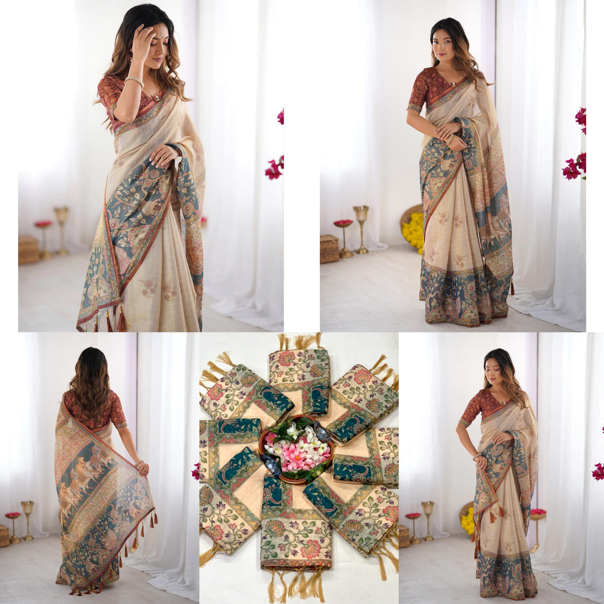 Floral & Animal Print Linen Cotton Saree with Zahlar Tussle