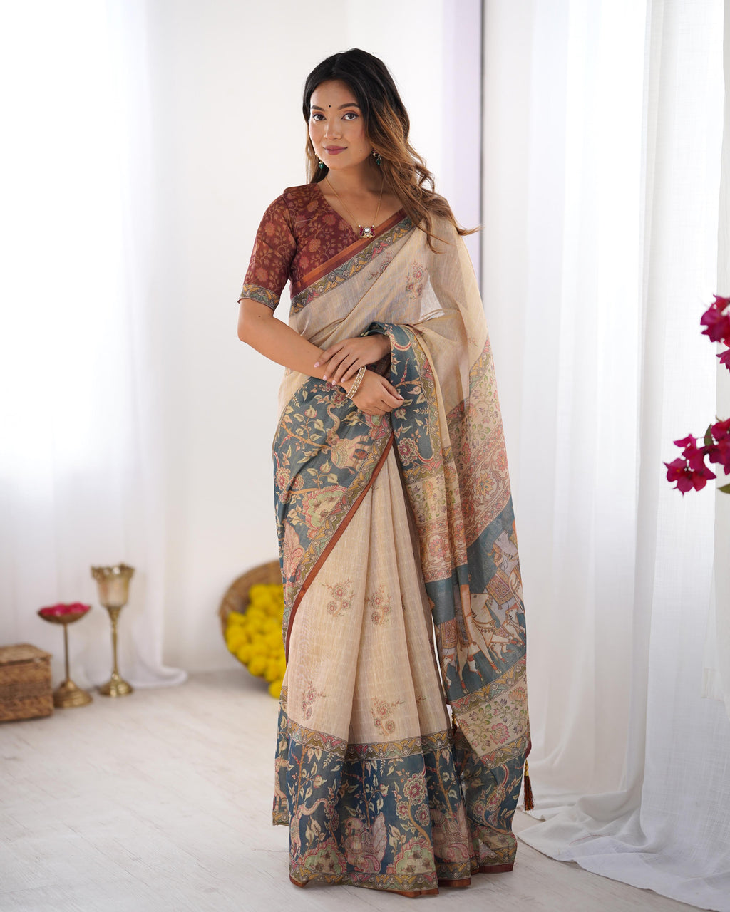 Floral & Animal Print Linen Cotton Saree with Zahlar Tussle