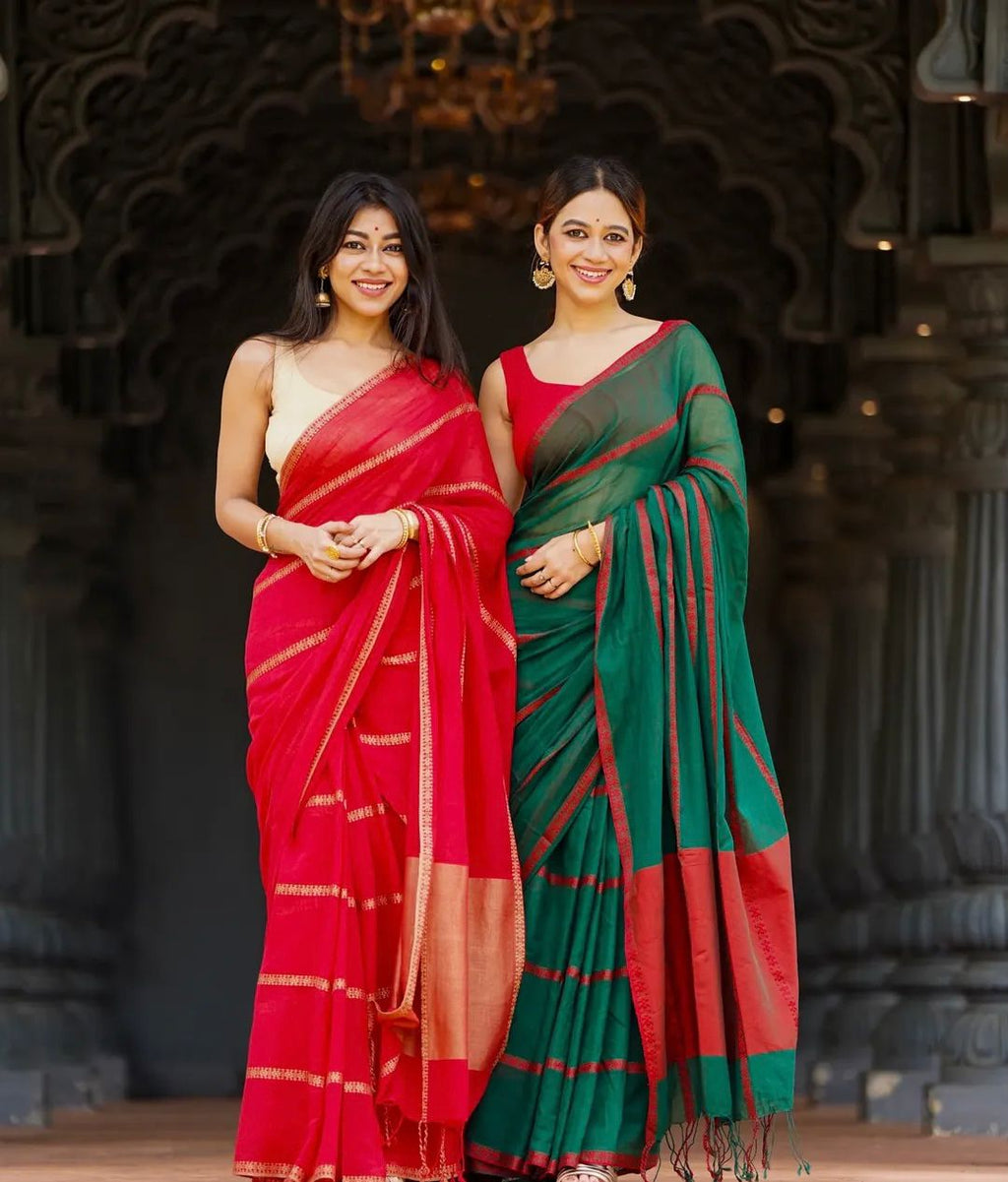 Elegant Lining Print Linen Cotton Saree with Zahlar Tussle