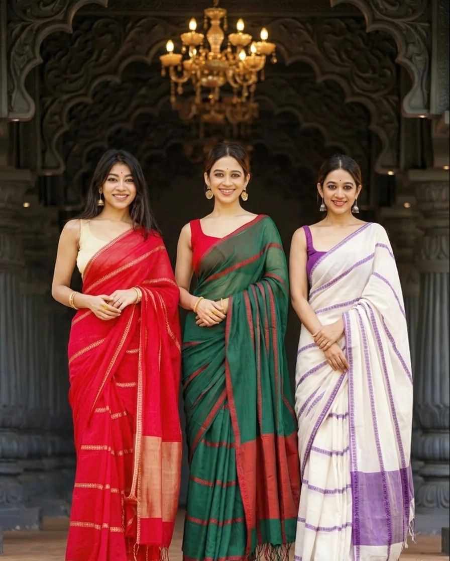 Elegant Lining Print Linen Cotton Saree with Zahlar Tussle