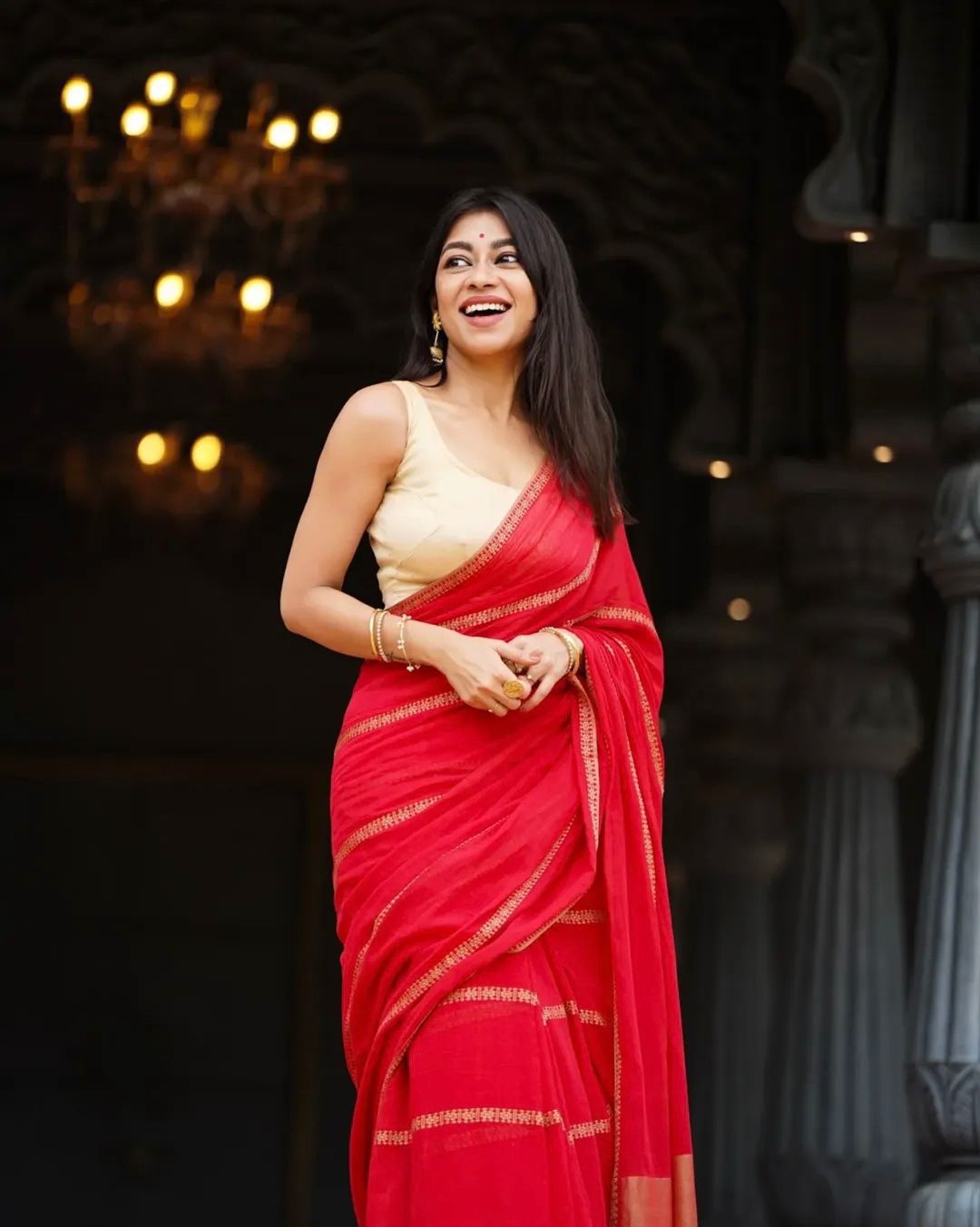 Elegant Lining Print Linen Cotton Saree with Zahlar Tussle