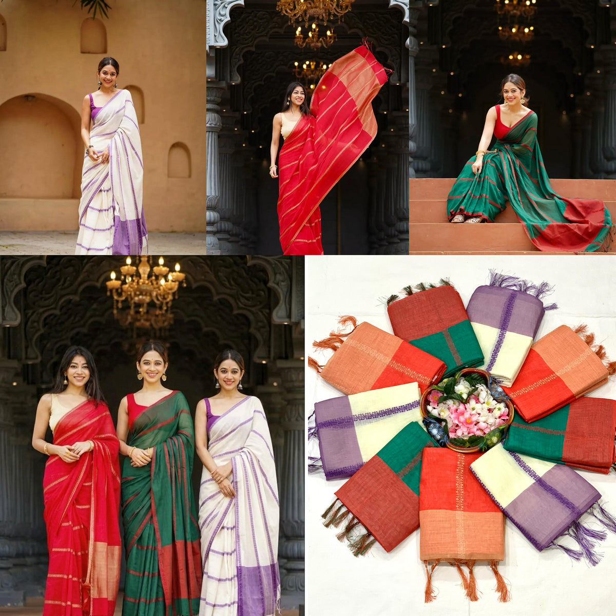 Elegant Lining Print Linen Cotton Saree with Zahlar Tussle