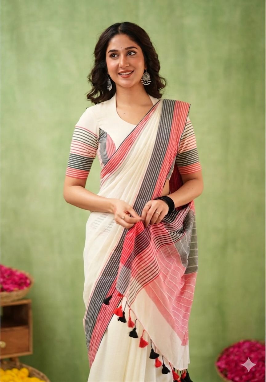 Premium Lining Pallu Linen Cotton Saree with Zahlar Tussle