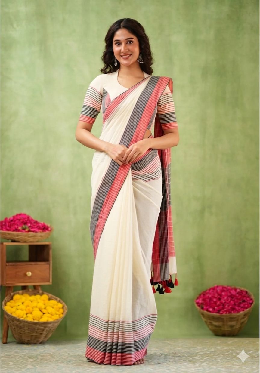 Premium Lining Pallu Linen Cotton Saree with Zahlar Tussle