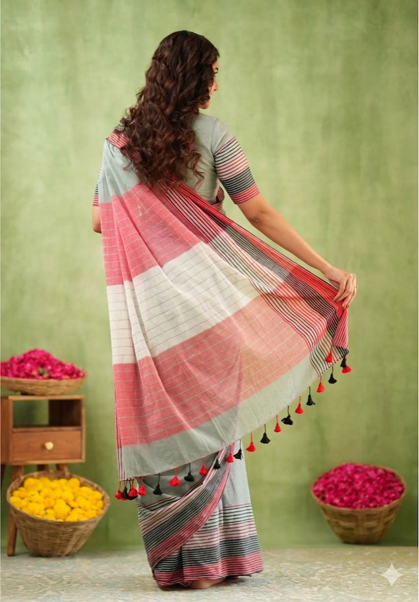 Premium Lining Pallu Linen Cotton Saree with Zahlar Tussle
