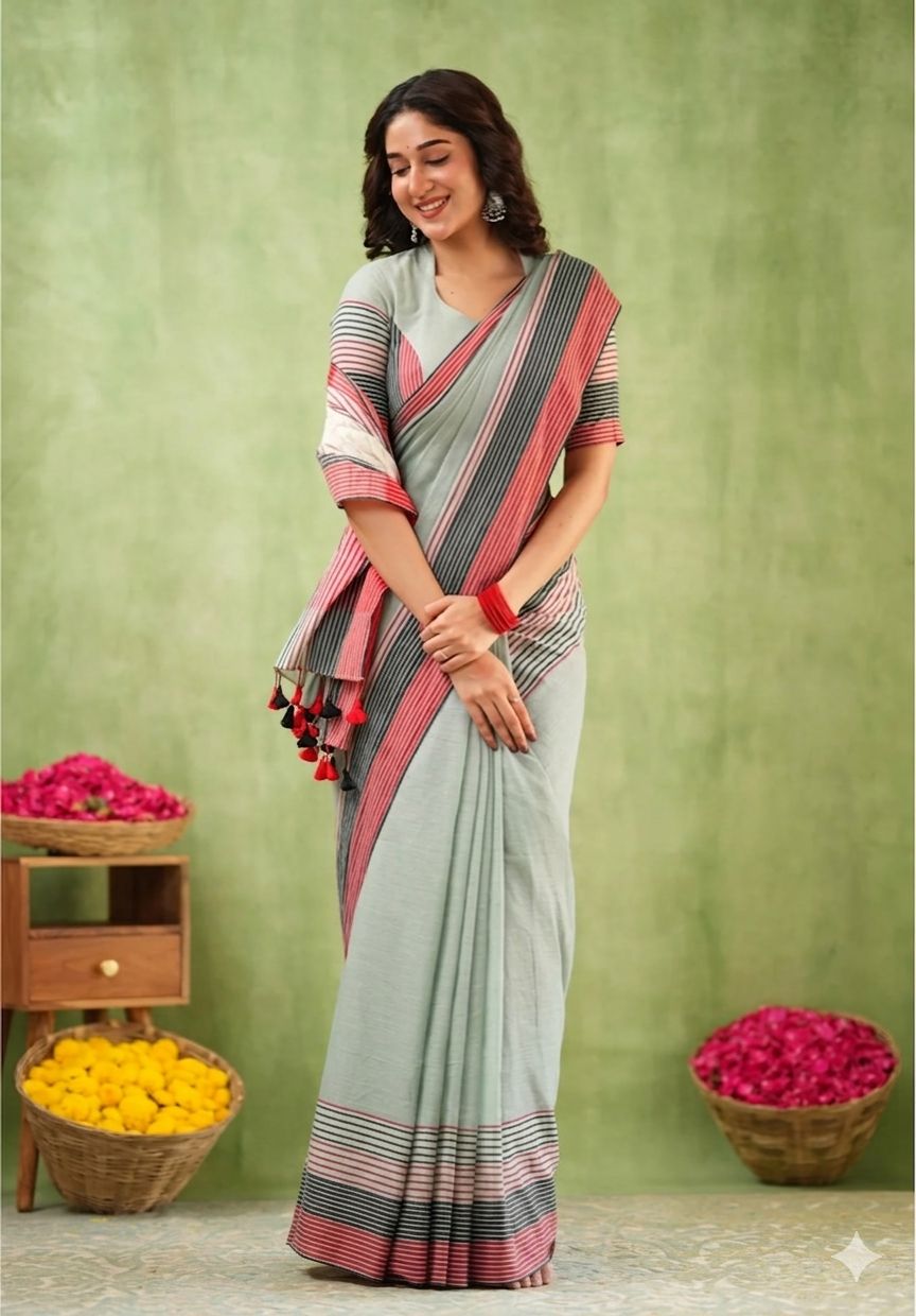 Premium Lining Pallu Linen Cotton Saree with Zahlar Tussle