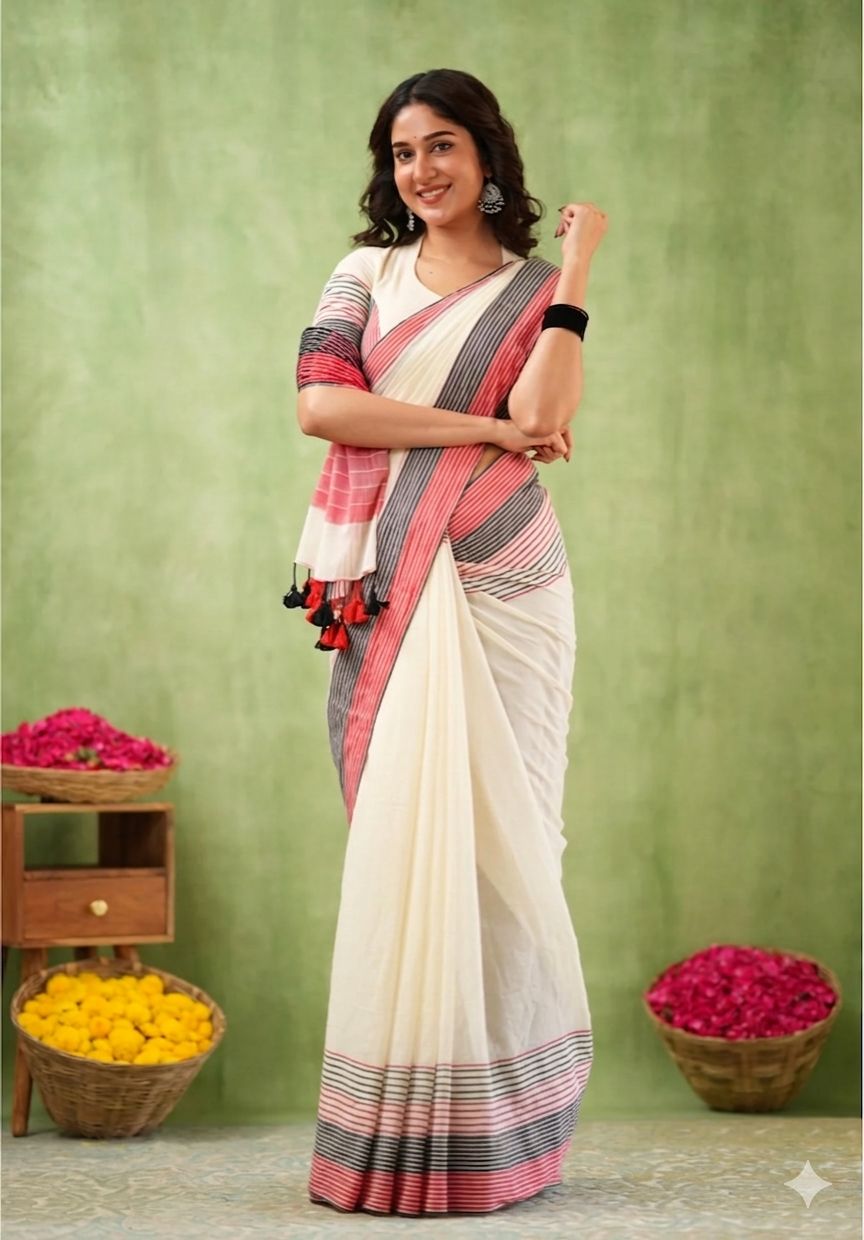 Premium Lining Pallu Linen Cotton Saree with Zahlar Tussle