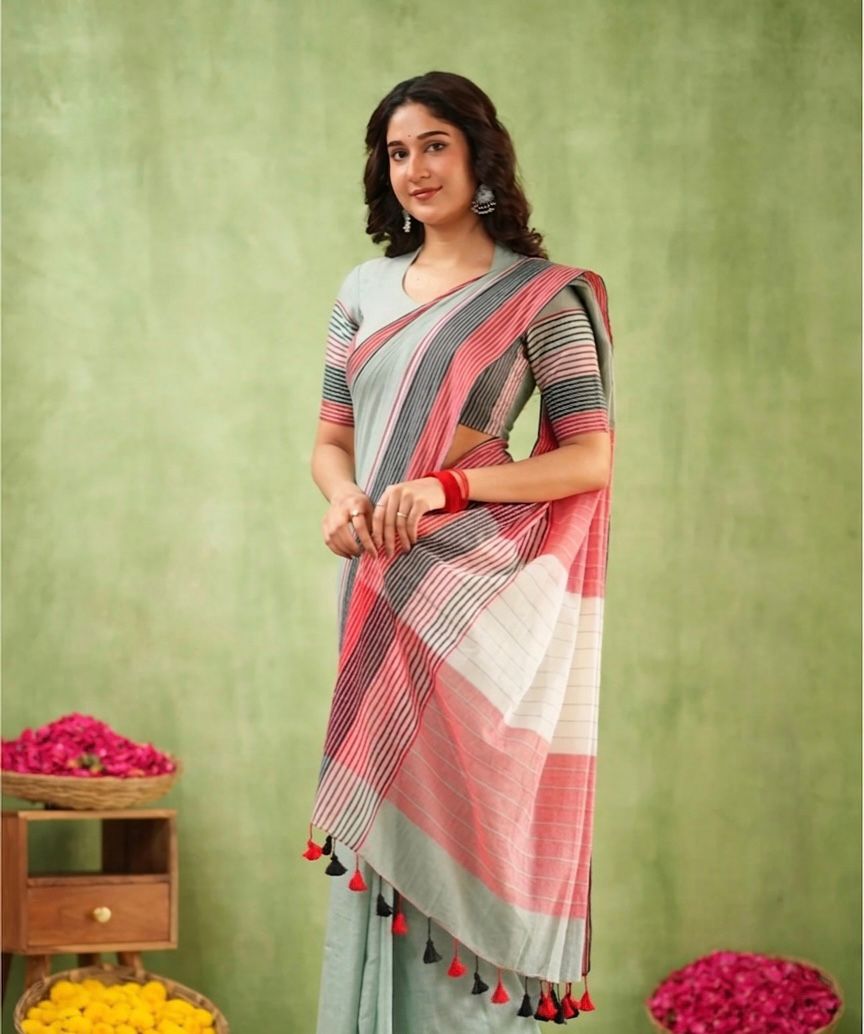 Premium Lining Pallu Linen Cotton Saree with Zahlar Tussle