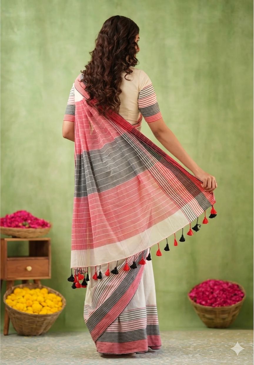 Premium Lining Pallu Linen Cotton Saree with Zahlar Tussle