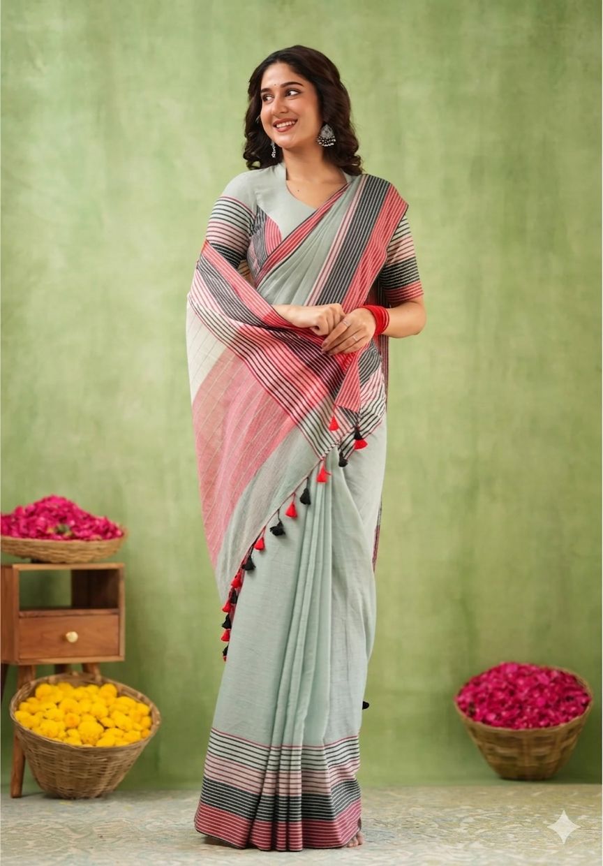 Premium Lining Pallu Linen Cotton Saree with Zahlar Tussle