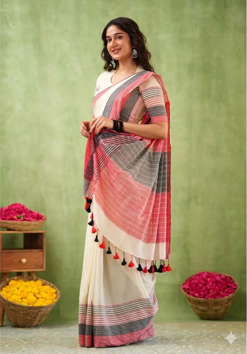 Premium Lining Pallu Linen Cotton Saree with Zahlar Tussle
