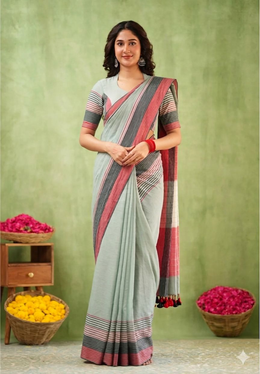 Premium Lining Pallu Linen Cotton Saree with Zahlar Tussle