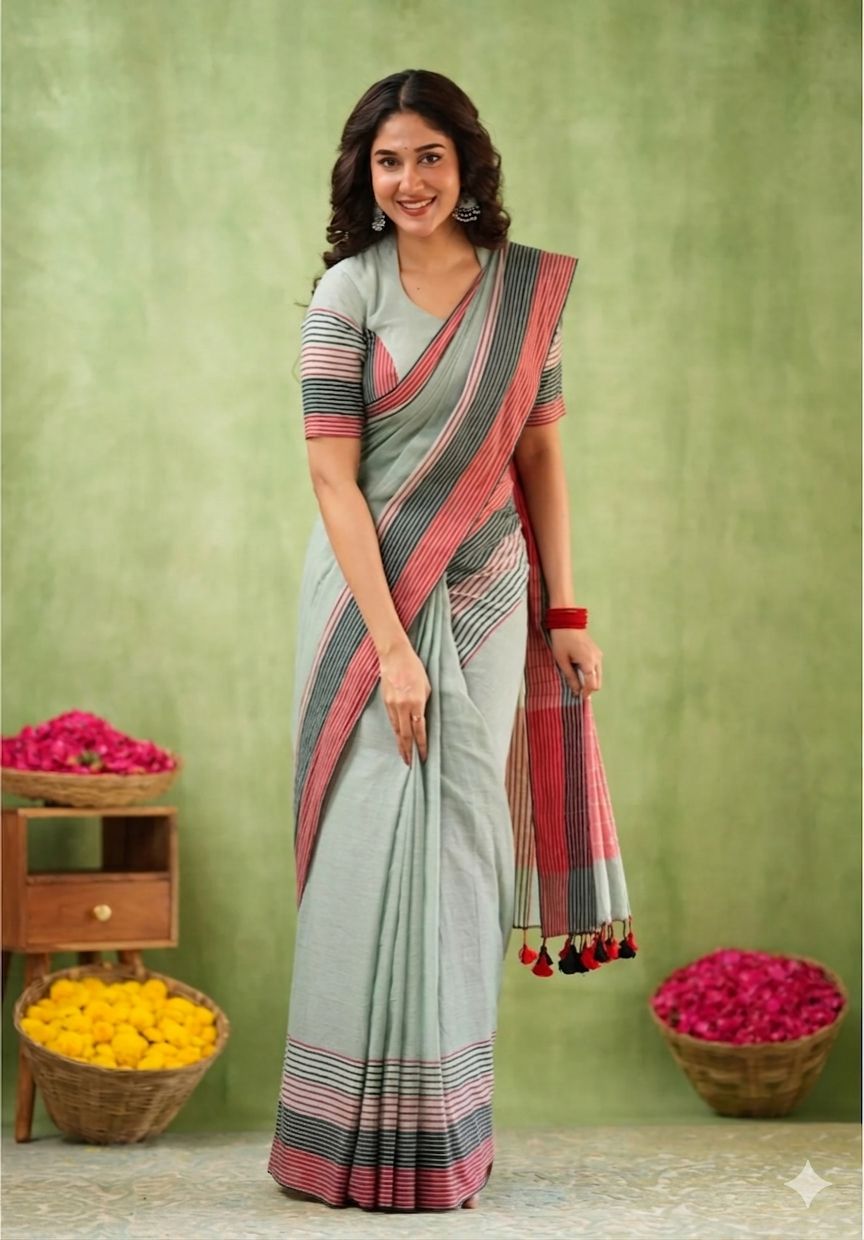 Premium Lining Pallu Linen Cotton Saree with Zahlar Tussle