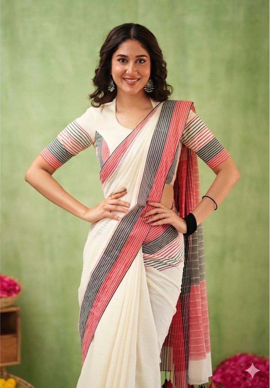 Premium Lining Pallu Linen Cotton Saree with Zahlar Tussle