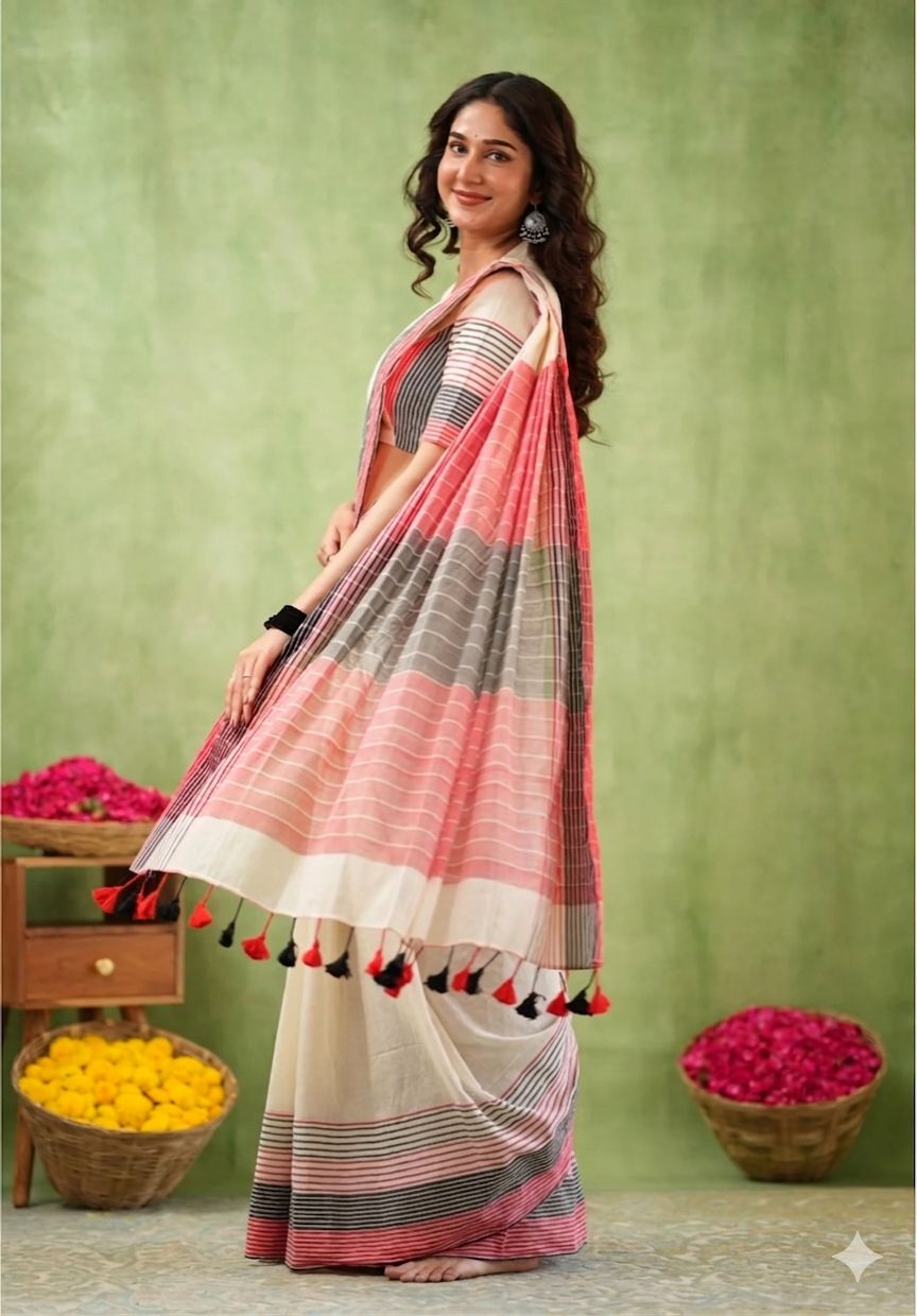 Premium Lining Pallu Linen Cotton Saree with Zahlar Tussle