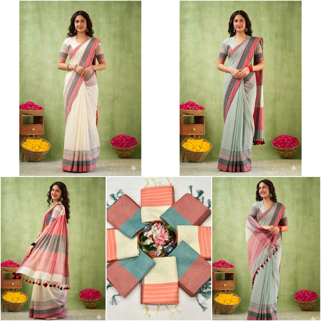 Premium Lining Pallu Linen Cotton Saree with Zahlar Tussle