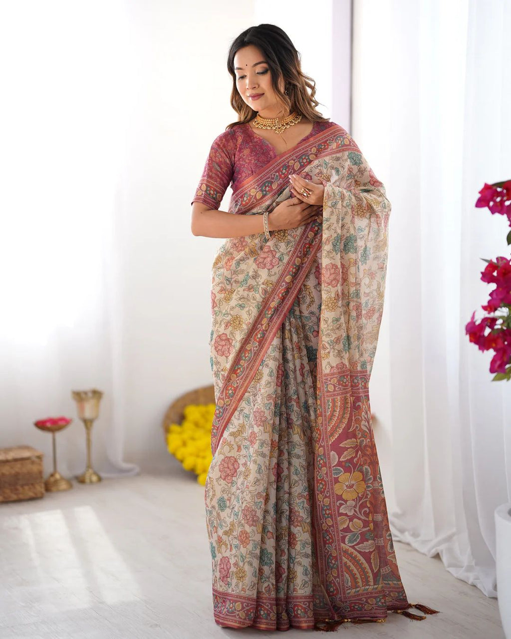 Premium Floral Linen Cotton Saree with Zahlar Tussle