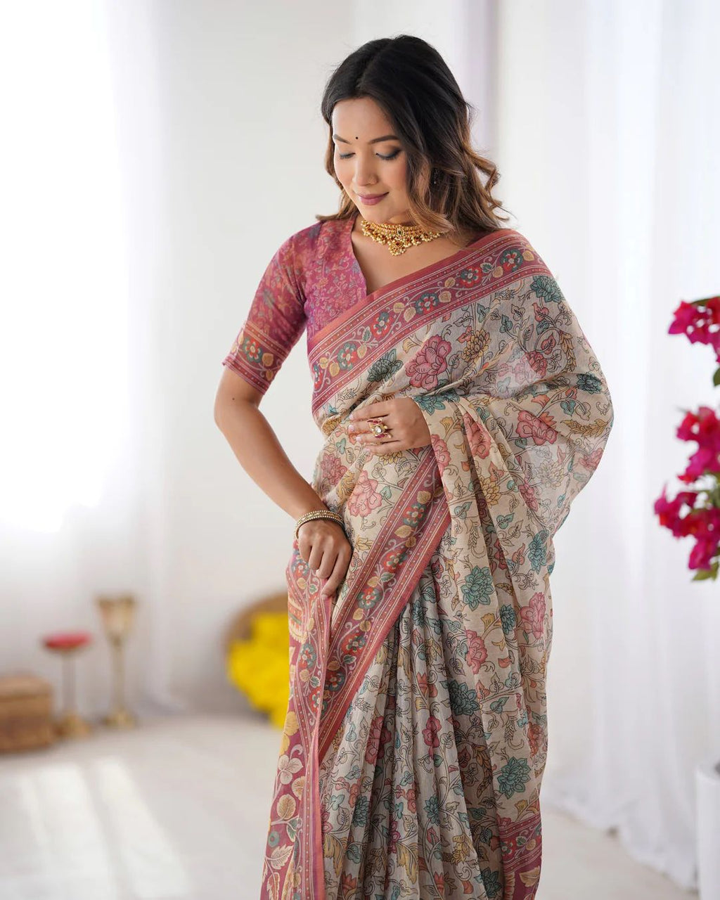 Premium Floral Linen Cotton Saree with Zahlar Tussle