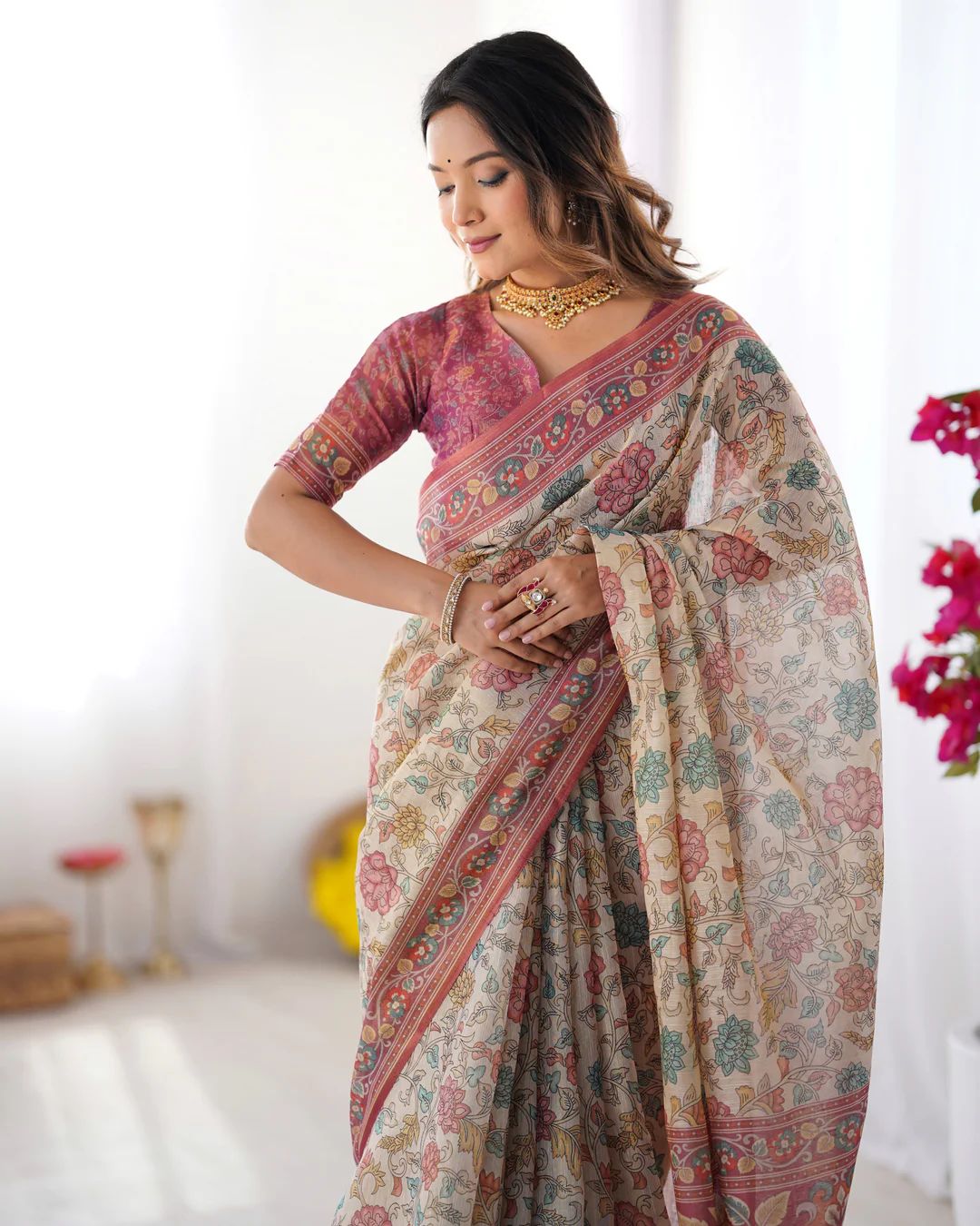Premium Floral Linen Cotton Saree with Zahlar Tussle