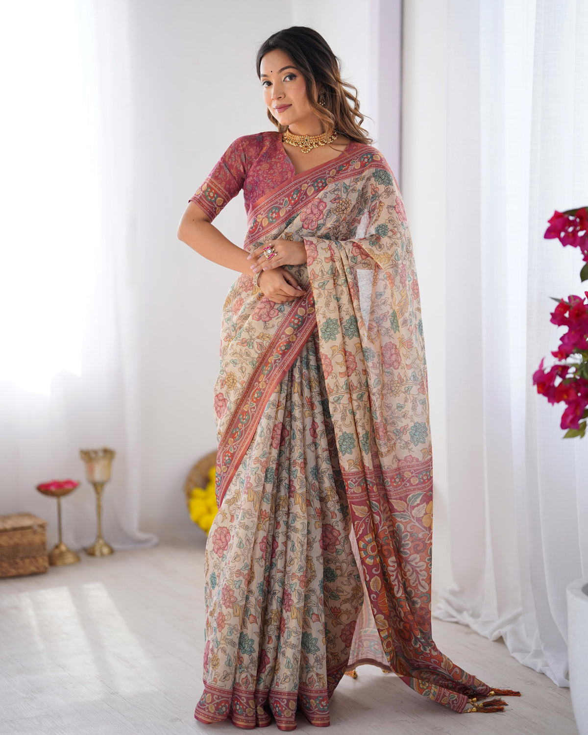 Premium Floral Linen Cotton Saree with Zahlar Tussle