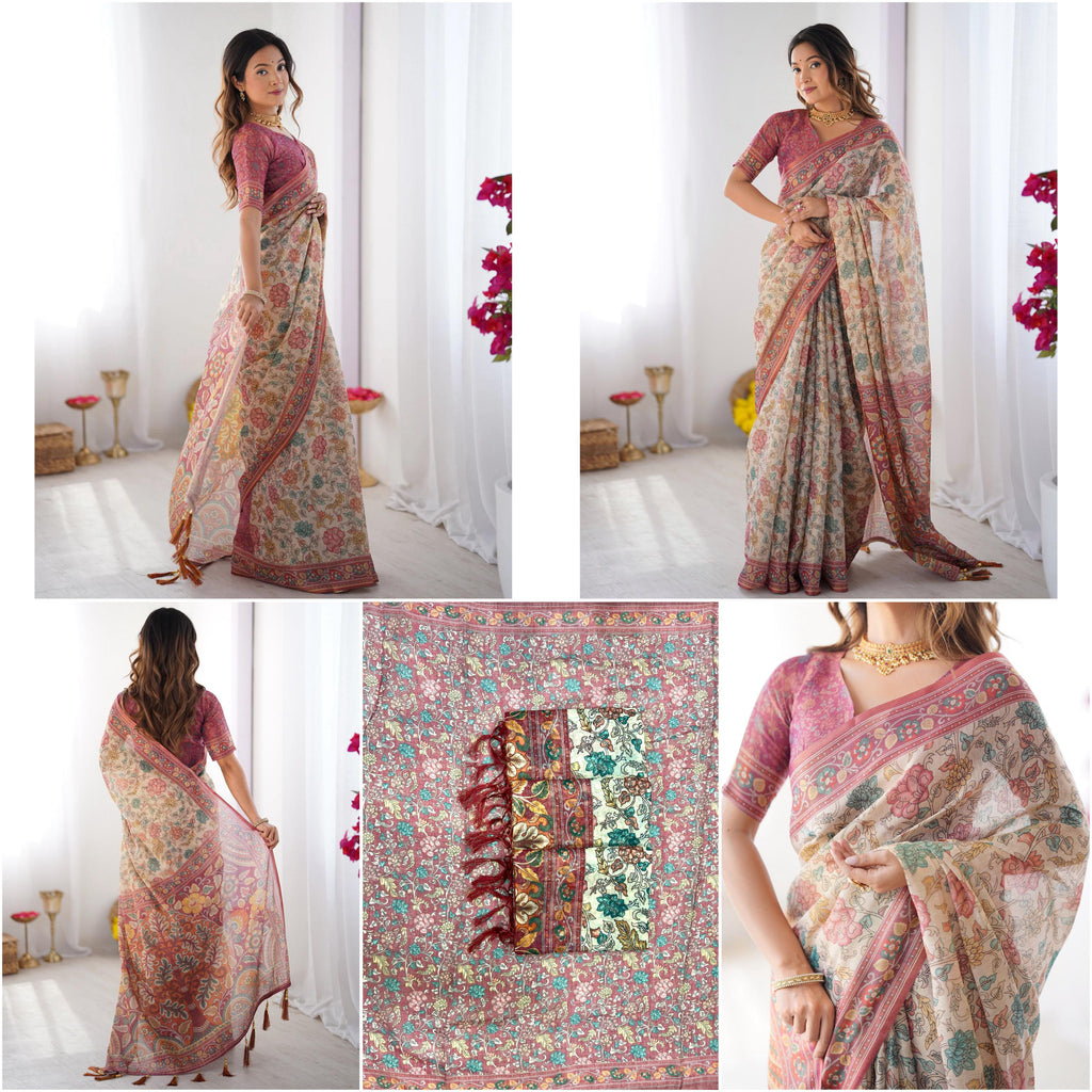 Premium Floral Linen Cotton Saree with Zahlar Tussle
