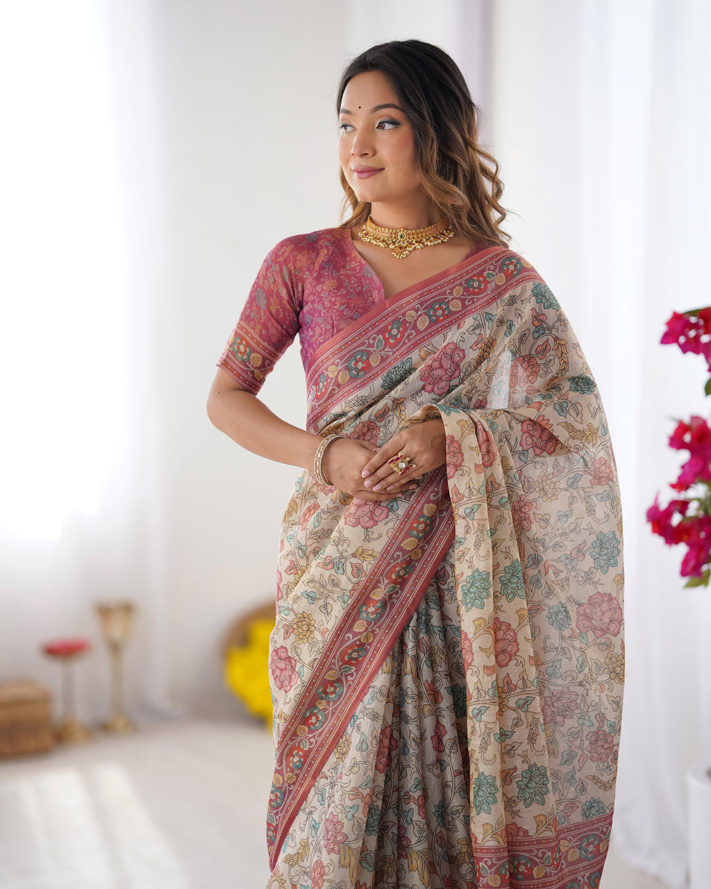 Premium Floral Linen Cotton Saree with Zahlar Tussle