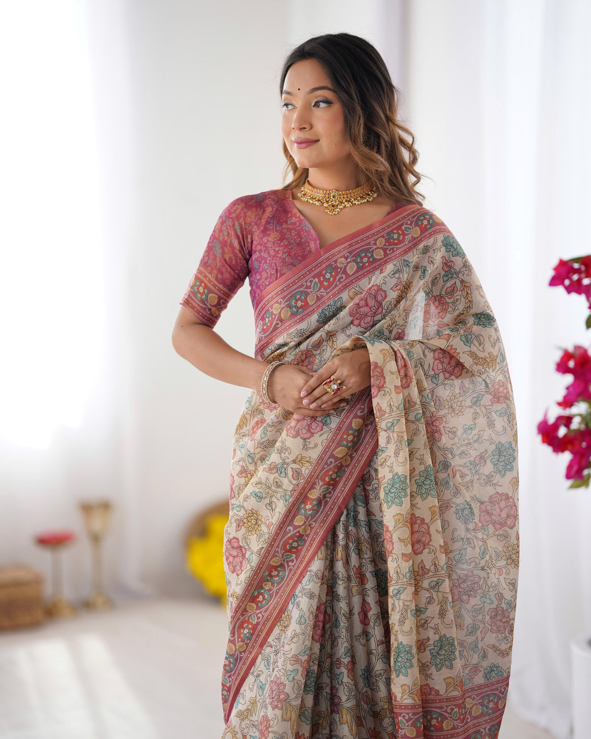 Premium Floral Linen Cotton Saree with Zahlar Tussle