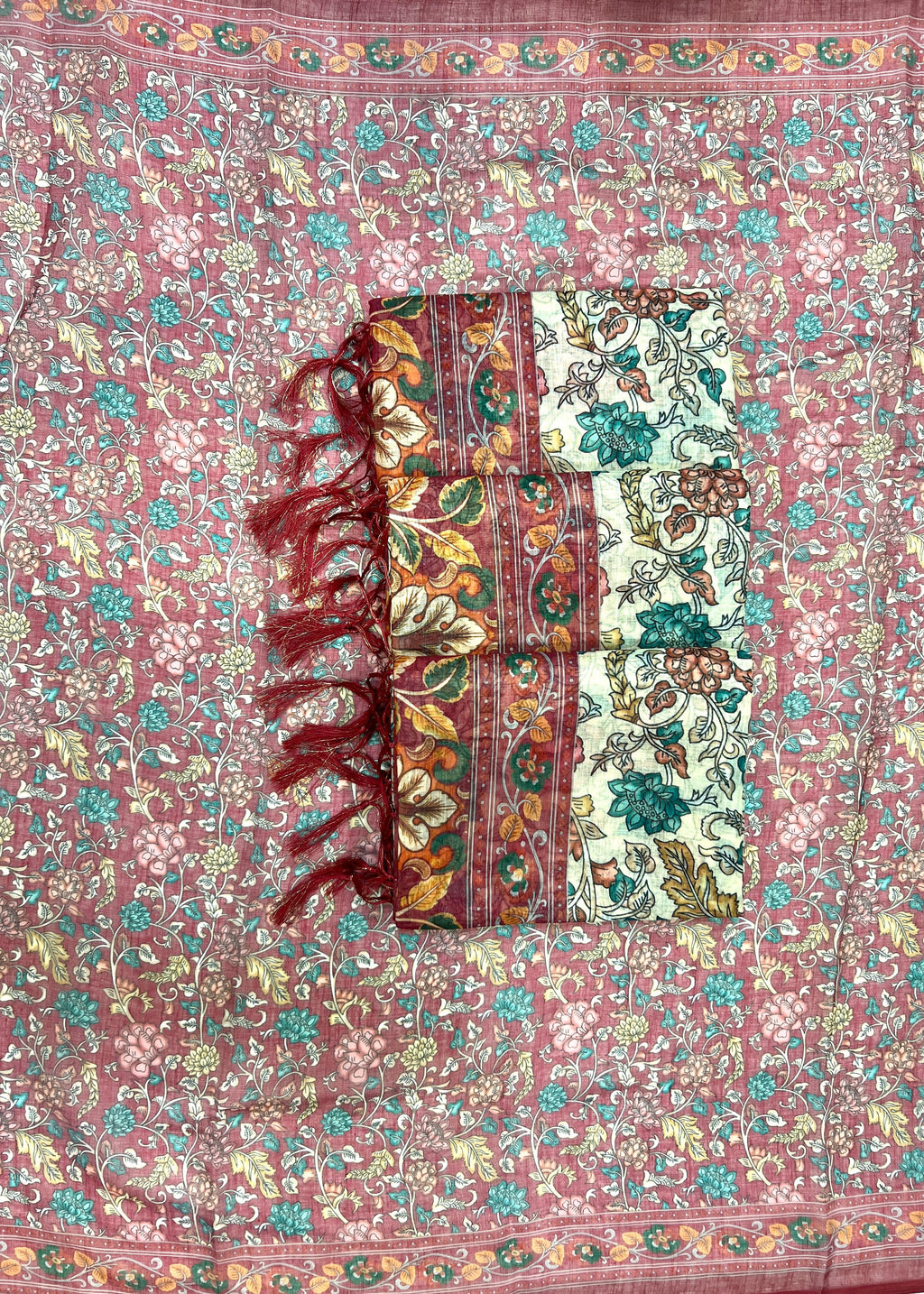 Premium Floral Linen Cotton Saree with Zahlar Tussle
