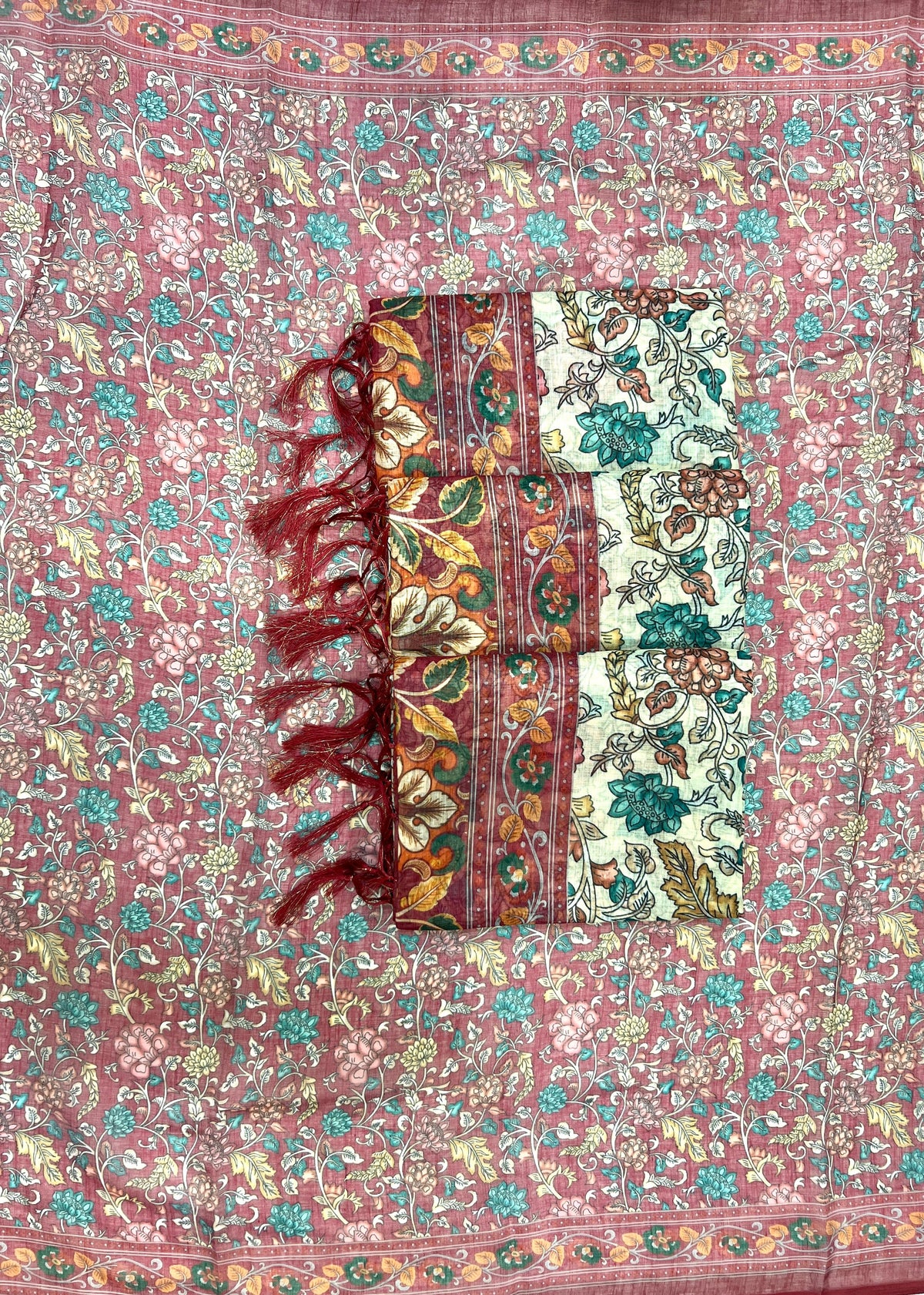 Premium Floral Linen Cotton Saree with Zahlar Tussle