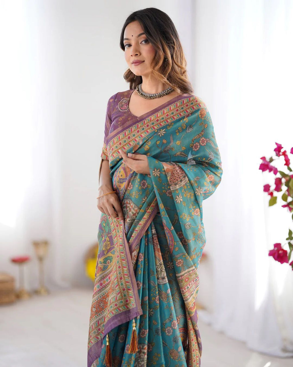 Elegant Floral Linen Cotton Saree with Zahlar Tussle