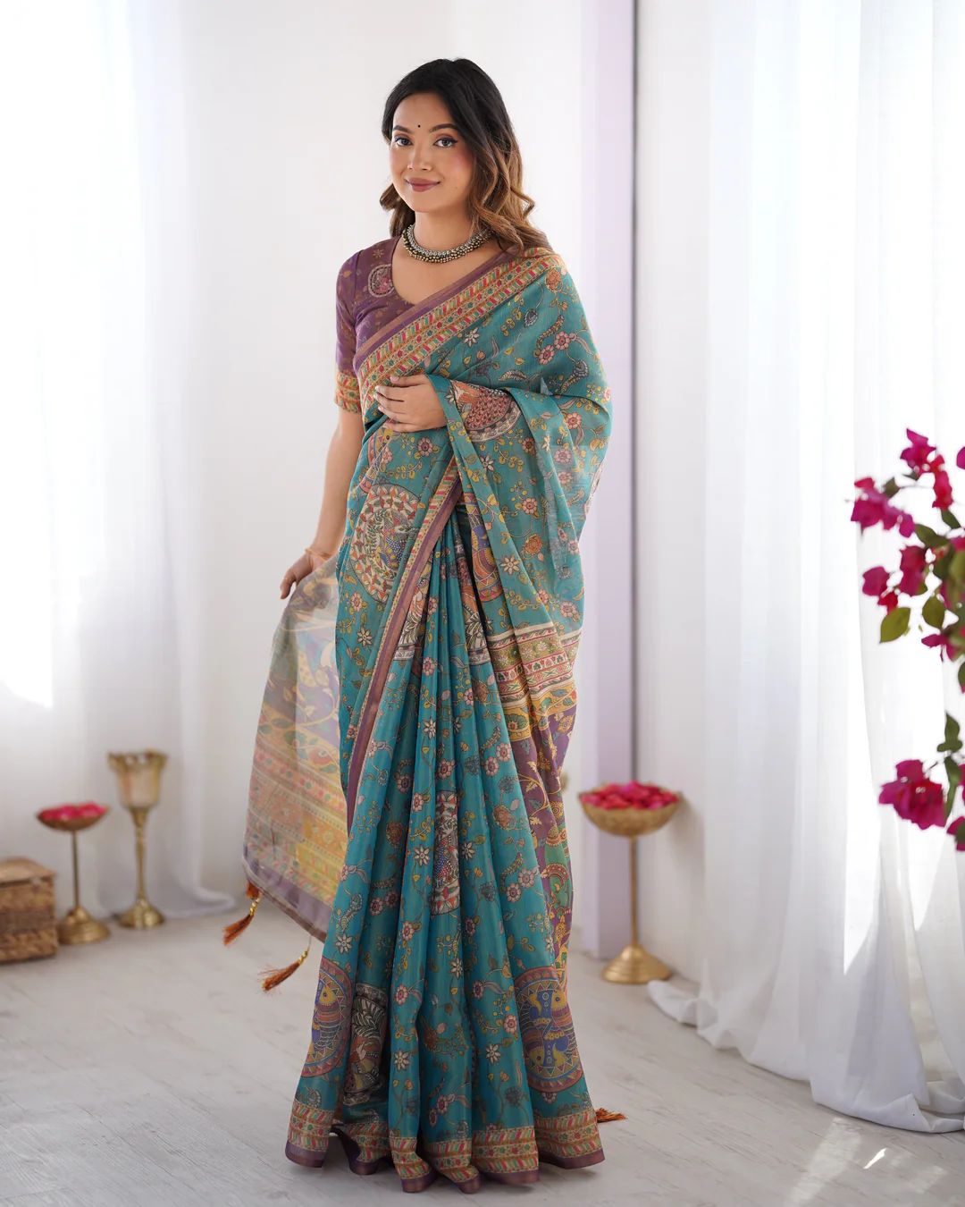 Elegant Floral Linen Cotton Saree with Zahlar Tussle