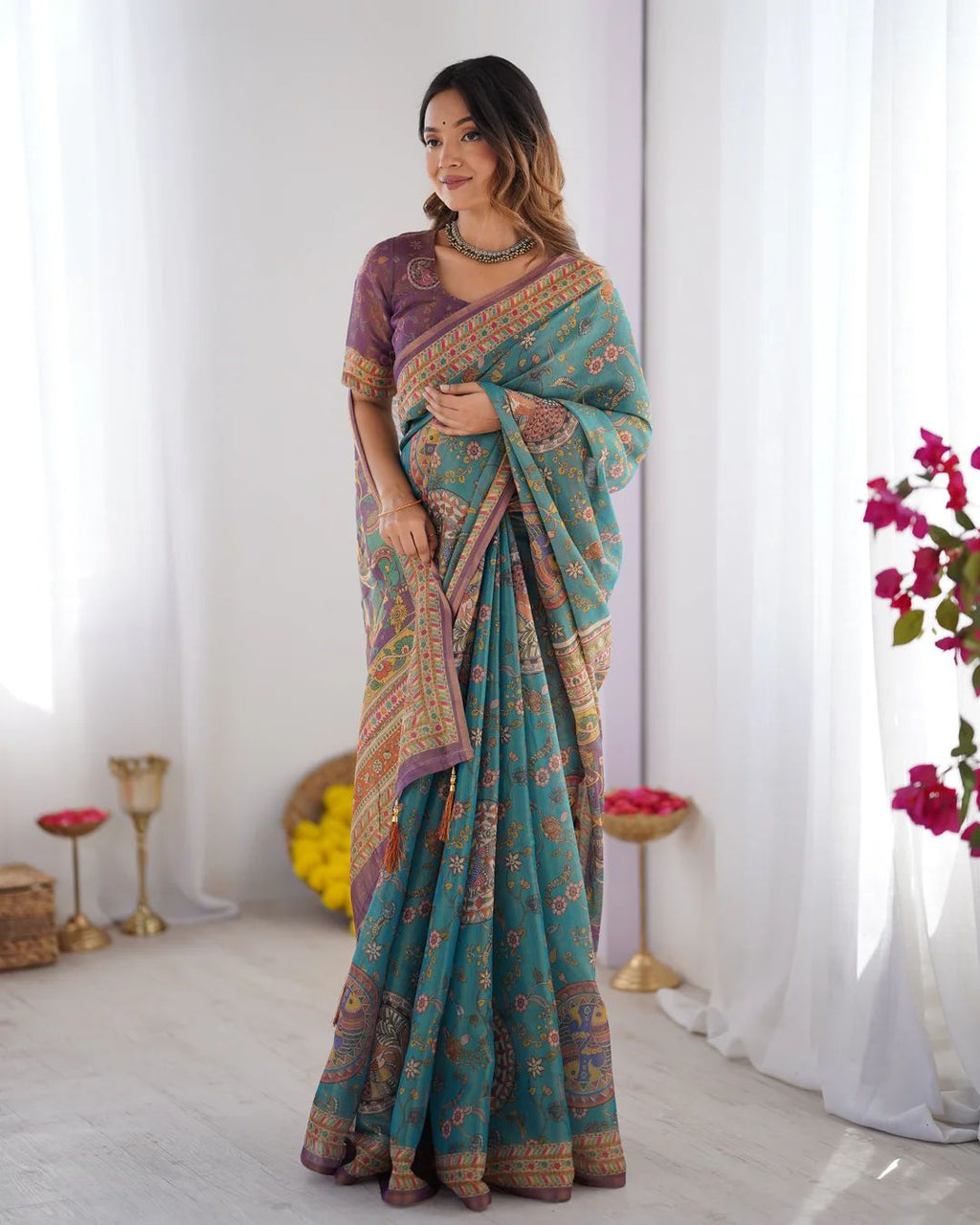 Elegant Floral Linen Cotton Saree with Zahlar Tussle