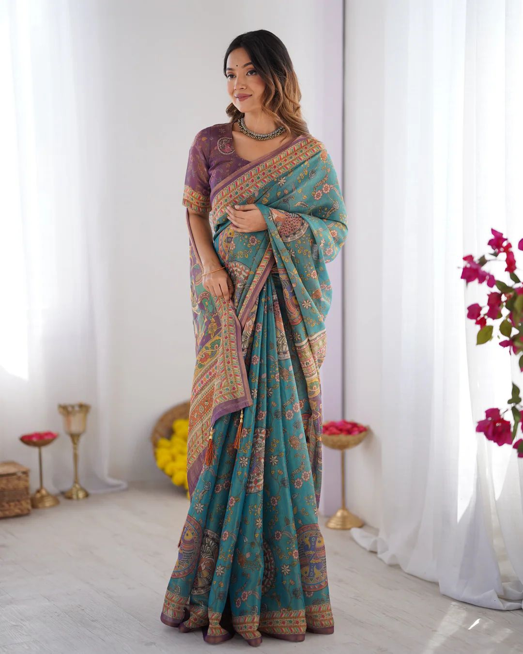 Elegant Floral Linen Cotton Saree with Zahlar Tussle