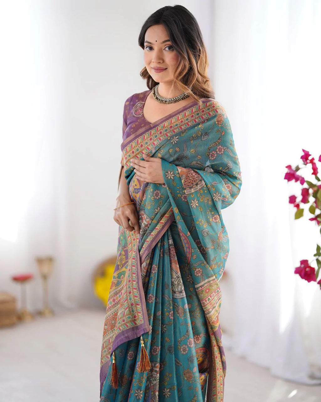 Elegant Floral Linen Cotton Saree with Zahlar Tussle