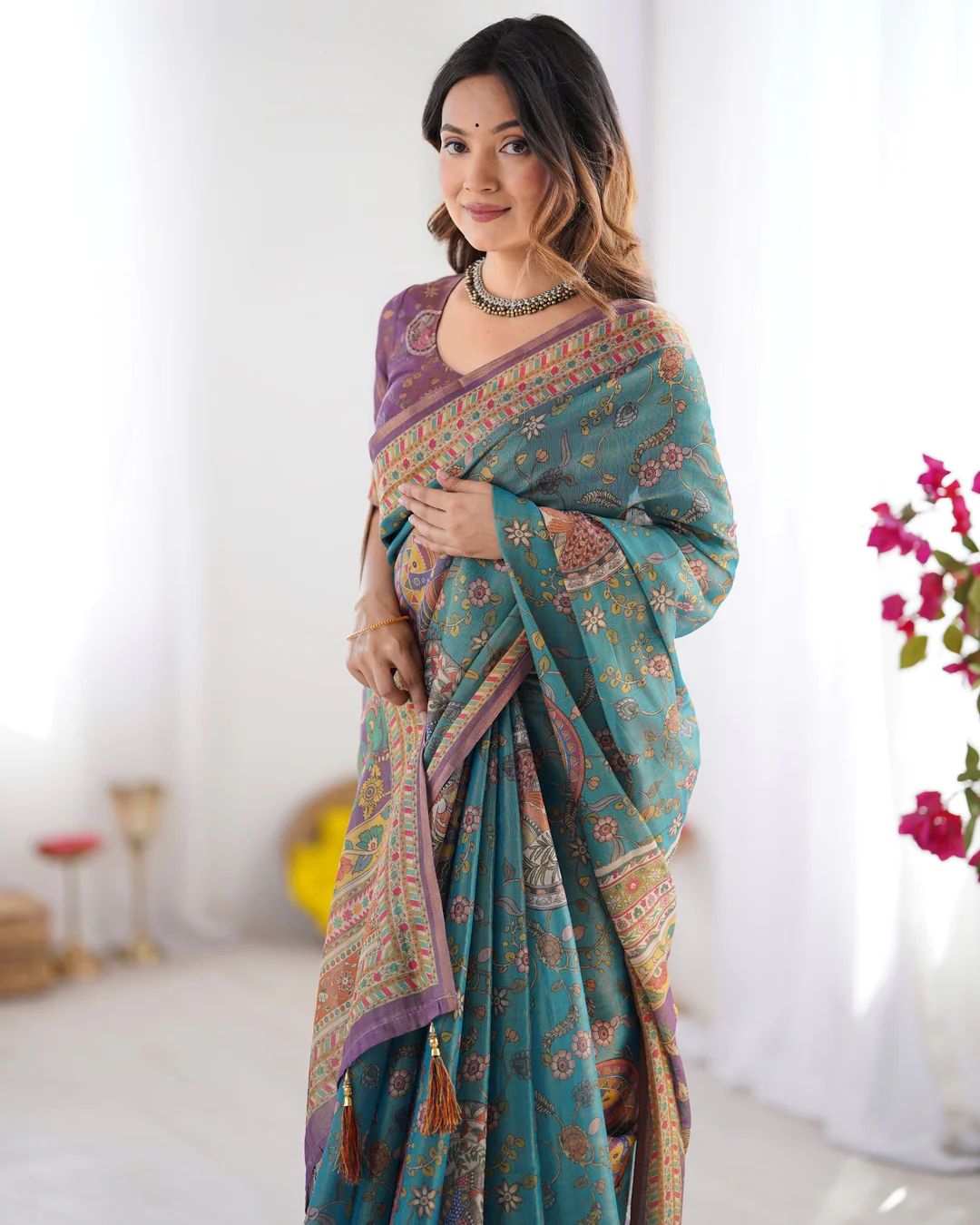 Elegant Floral Linen Cotton Saree with Zahlar Tussle