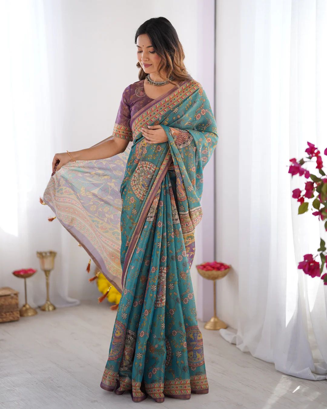 Elegant Floral Linen Cotton Saree with Zahlar Tussle