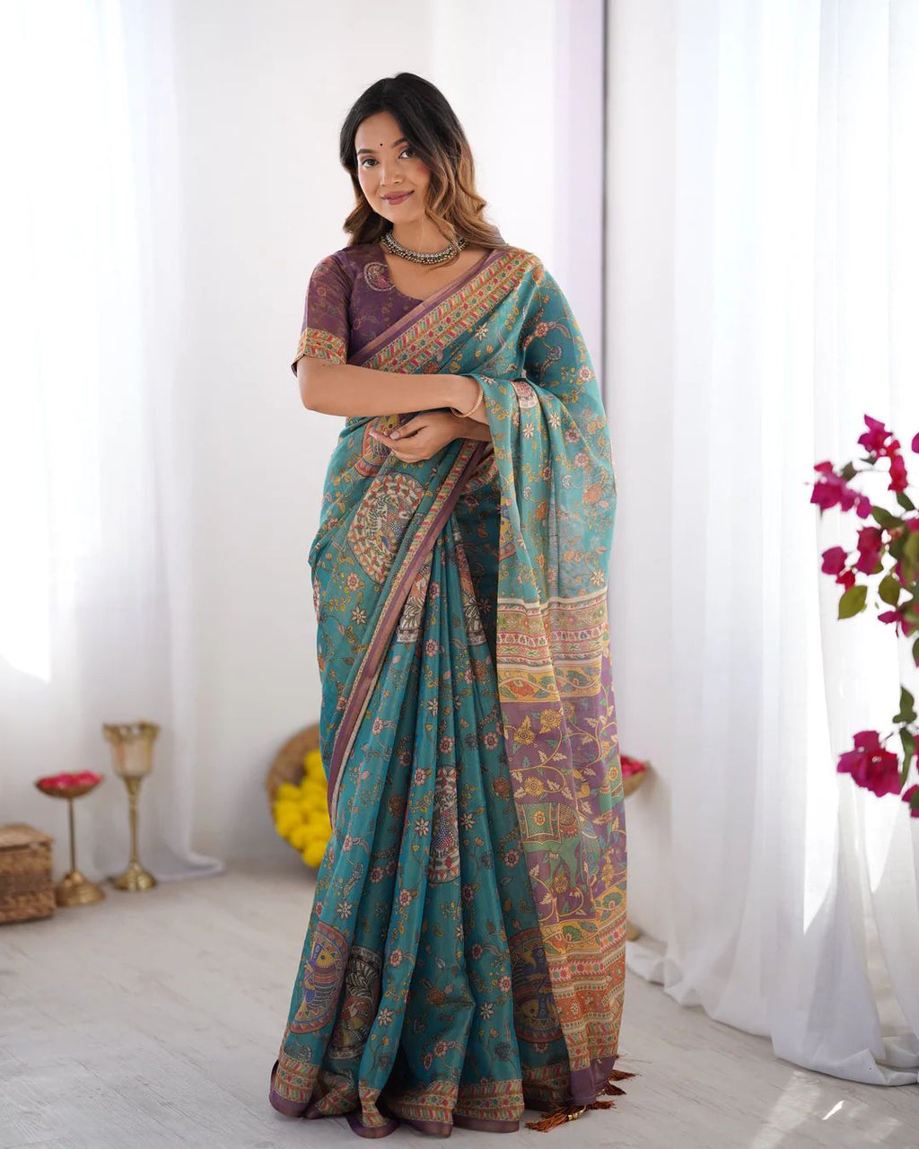 Elegant Floral Linen Cotton Saree with Zahlar Tussle