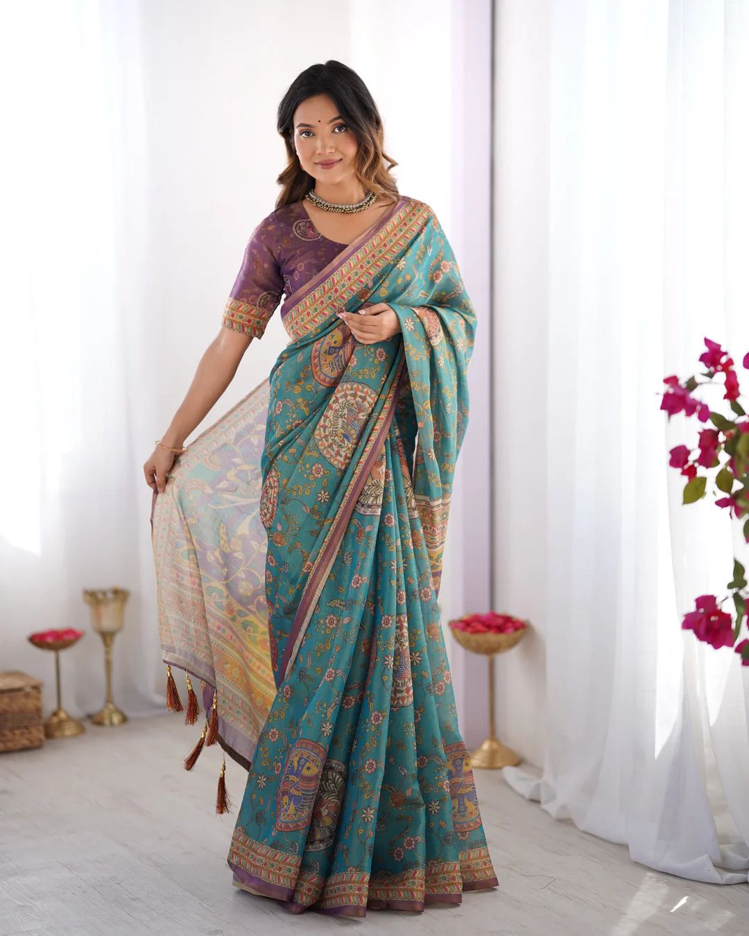 Elegant Floral Linen Cotton Saree with Zahlar Tussle