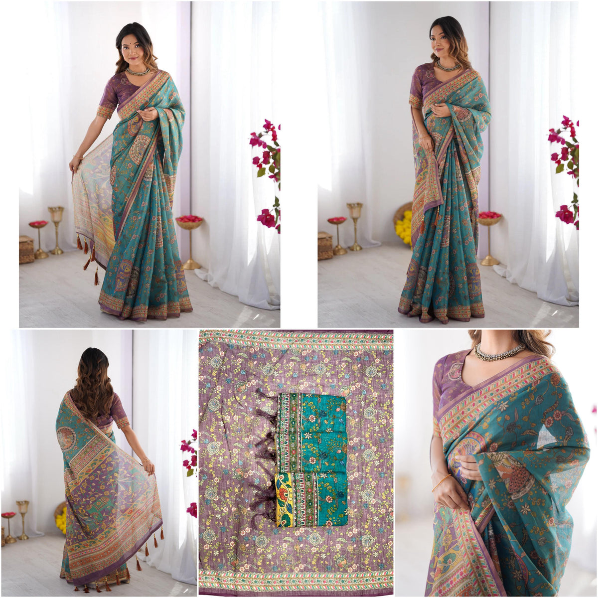 Elegant Floral Linen Cotton Saree with Zahlar Tussle