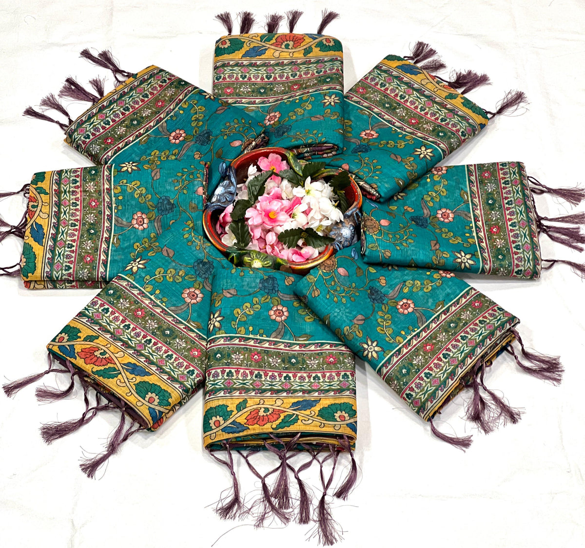 Elegant Floral Linen Cotton Saree with Zahlar Tussle