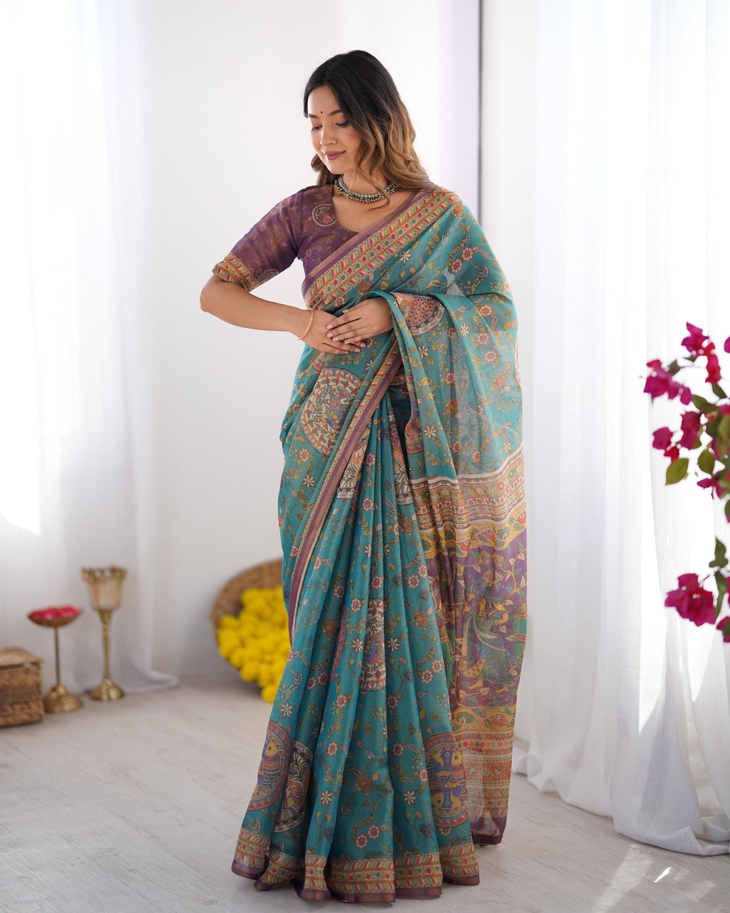 Elegant Floral Linen Cotton Saree with Zahlar Tussle