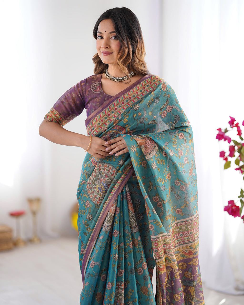 Elegant Floral Linen Cotton Saree with Zahlar Tussle