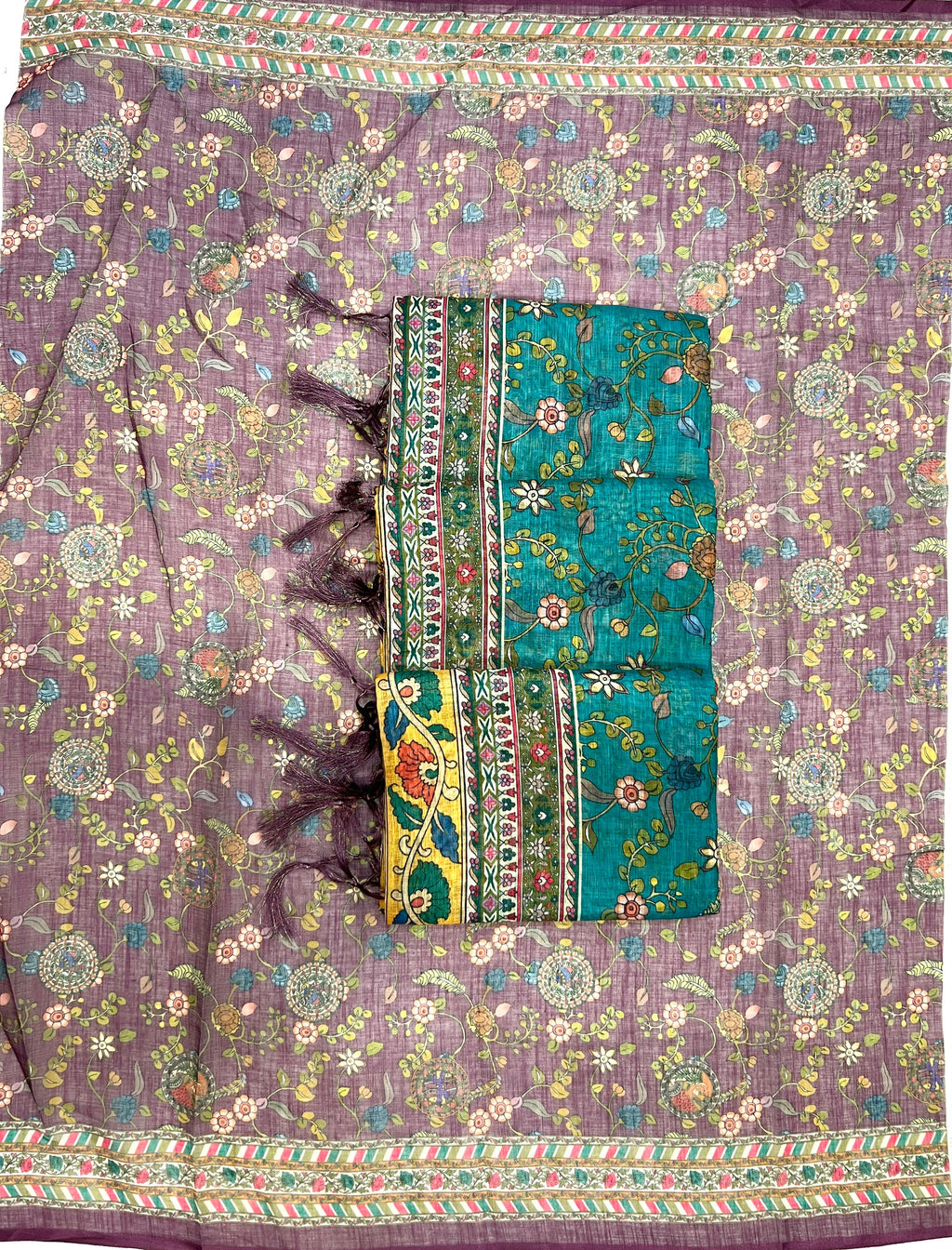 Elegant Floral Linen Cotton Saree with Zahlar Tussle