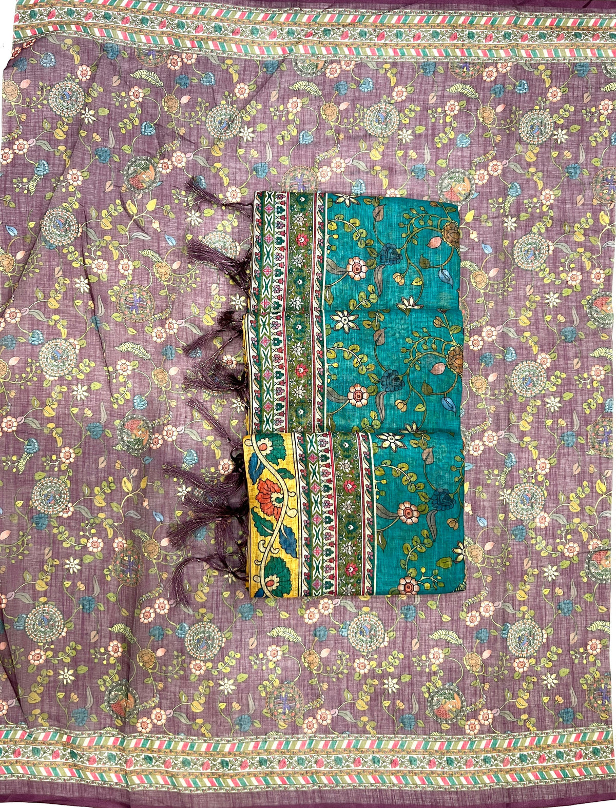 Elegant Floral Linen Cotton Saree with Zahlar Tussle