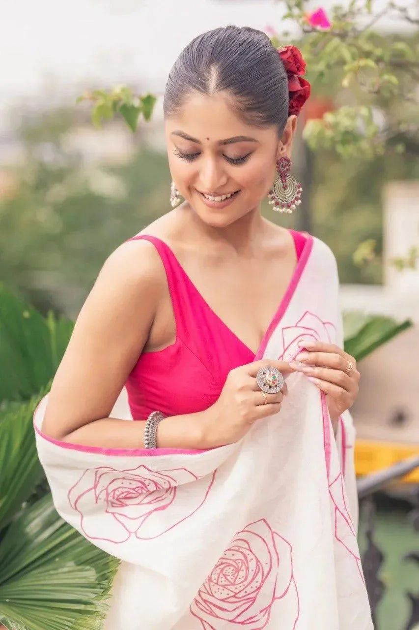 Floral Linen Cotton Digital Printed Saree